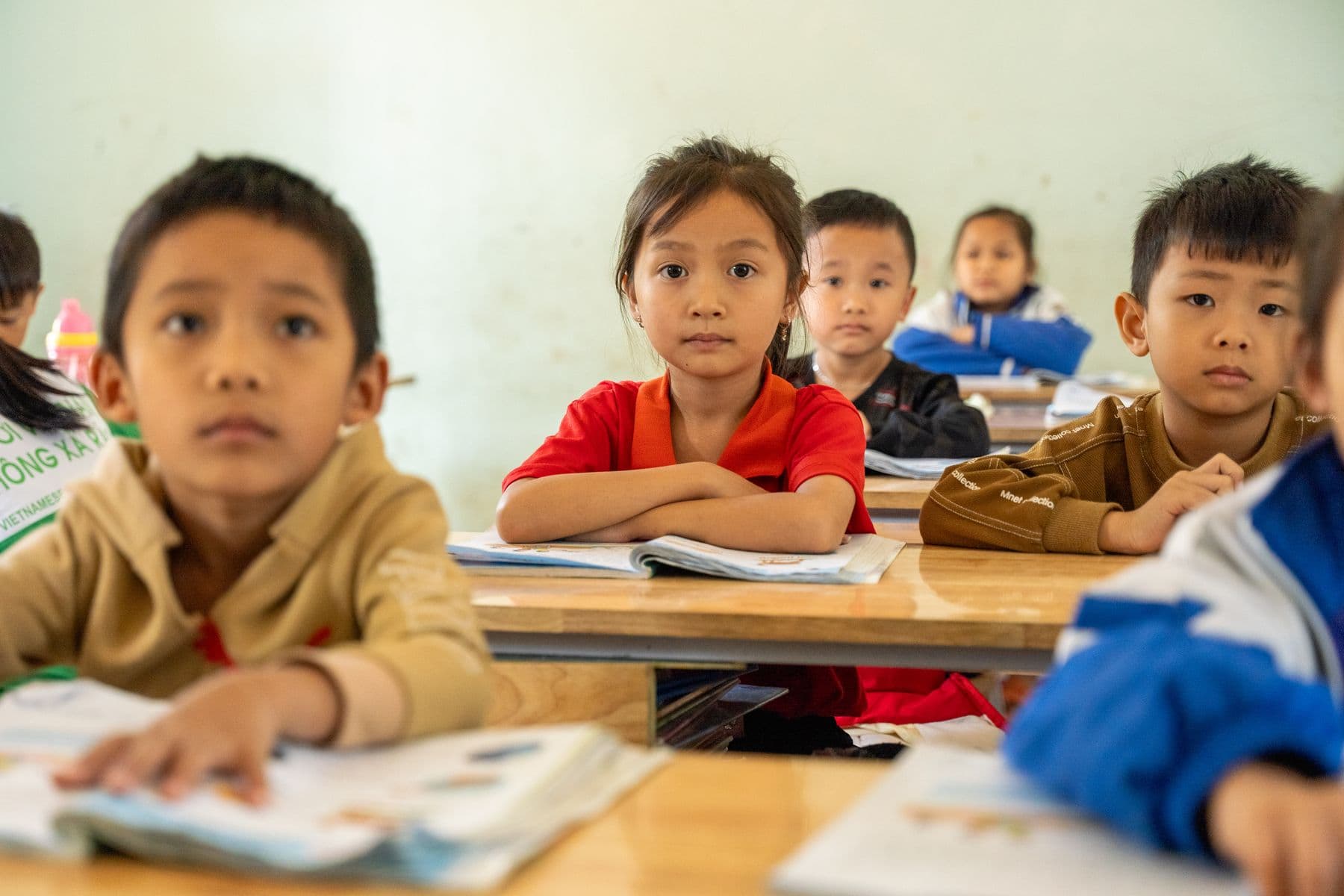 Primary-age children at their desks with open books during a lesson