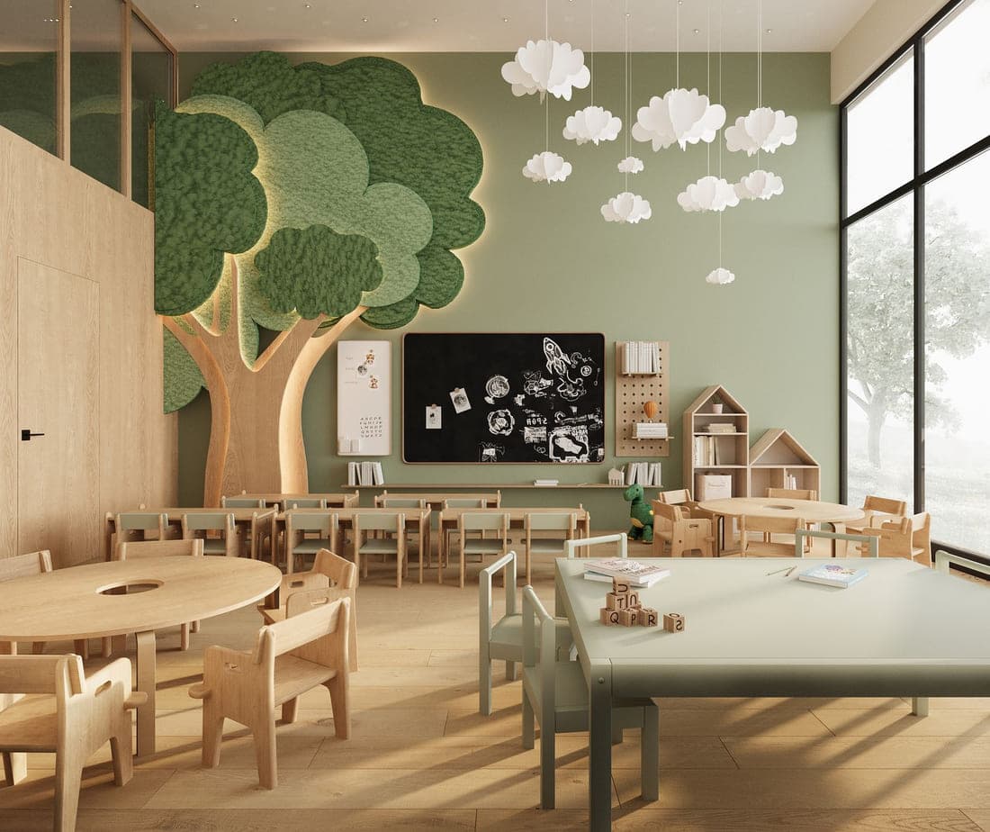A bright early-years classroom with low wooden tables and open shelving